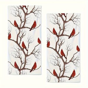 Winter Birds Cardinal Christmas Decoration Kitchen Towel Set 2 Pieces, Ultra Soft Absorbent Tea Towel Hand Dry Baking Cooking Cloth Kitchen Decoration