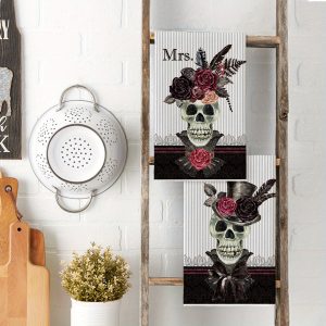 Sugar Skull Floral Mr & Mrs. Hat Day of The Dead Kitchen Towels Dish Towels, 18x26 Inch Halloween Seasonal Decoration Hand Towels Set of 2