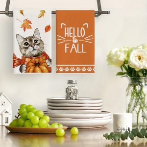 Scarf Pumpkin Hello Fall for Room Kitchen Autumn Dish Towels, 18x26 Inch Seasonal Maple Leaves Halloween Decoration Hand Towels Set of 2