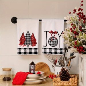 2Pcs Christmas Kitchen Towel Set, Black and White Checkered Towel, Christmas Tree Decoration Towel, Indoor and Outdoor Barbecue Kitchen Towel