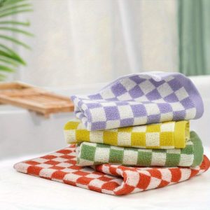 4 Packs of Pure Cotton Face Towels Wash Cloths for Bathing, Green, Light Purple, Orange, and Yellow Checkered Face Towels - Bathroom Towels, Kitchen Towels, 13 X 13 Inch Daily Cleaning Towels Gift, Suitable for Home, Gym, Office, Kitchen, Dormitory,