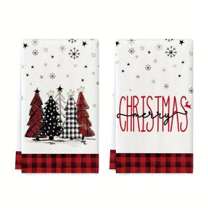 Black Red Buffalo Plaid Merry Christmas Kitchen Towels Dish Towels, 18x26 Inch Buffalo Plaid Winter Xmas Trees Star Room Funky Home Decoration Hand Towels Set of 2