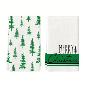 Sm:)e Black Green Merry Christmas Trees Kitchen Towels and Dish Towels, 18 x 26 Inch Winter Xmas Holiday Ultra Absorbent Drying Cloth Tea Towels for Cooking Baking Set of 2