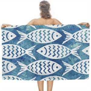 Beach Towels Oversized White Hand Draw Fish Blue Hand Bath Towel Pool Towels Microfiber Absorbent Sand Free Quick Dry Towels For Bathroom Gym Camping Women Men 31x51Inch