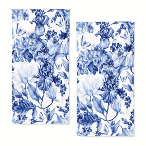 2pcs Navy Blue White Floral Hand Towels For Bathroom Set Of 2, Absorbent Microfiber Rustic Magnolia Flower Blue Berries Kitchen Towels 13.7"x28.7", Decorative Bathroom Towels For Bath, Guest, Face, Shower