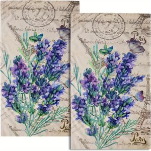 Set of 2 Vintage Chic Lavender & Eiffel Tower Bath Towels - Ultra-Soft, Absorbent, and Quick-Drying Polyester Bathroom Towels with Watercolor Floral Design, Perfect for Farmhouse Decor, 27.5x16 inches